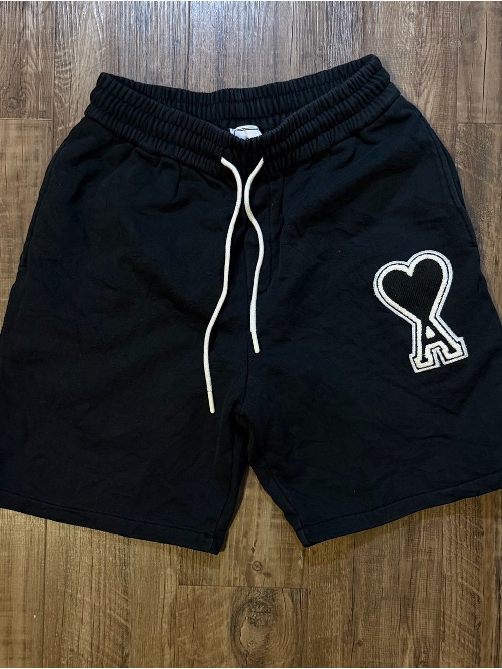 Ami Black Athletic Knit Drawstring Shorts with White Heart 'A' Patch